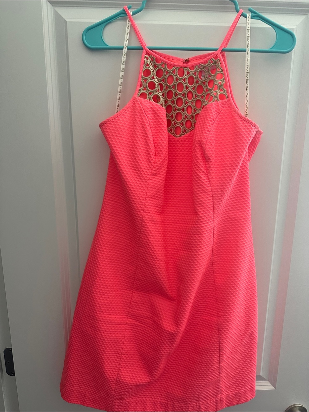Lilly Pulitzer Neon Coral Pink Textured Halter Dress with Gold Mesh Yoke